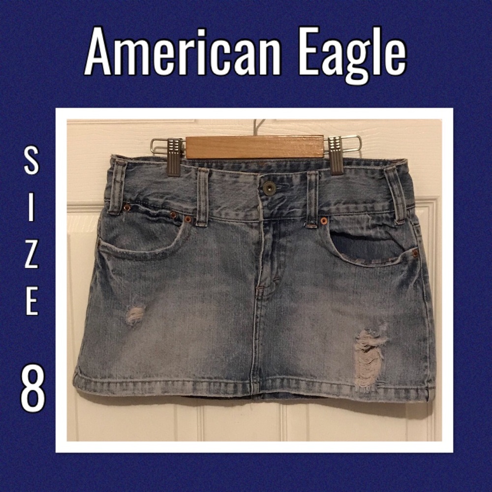 American Eagle Light Denim Distressed Mini Skirt